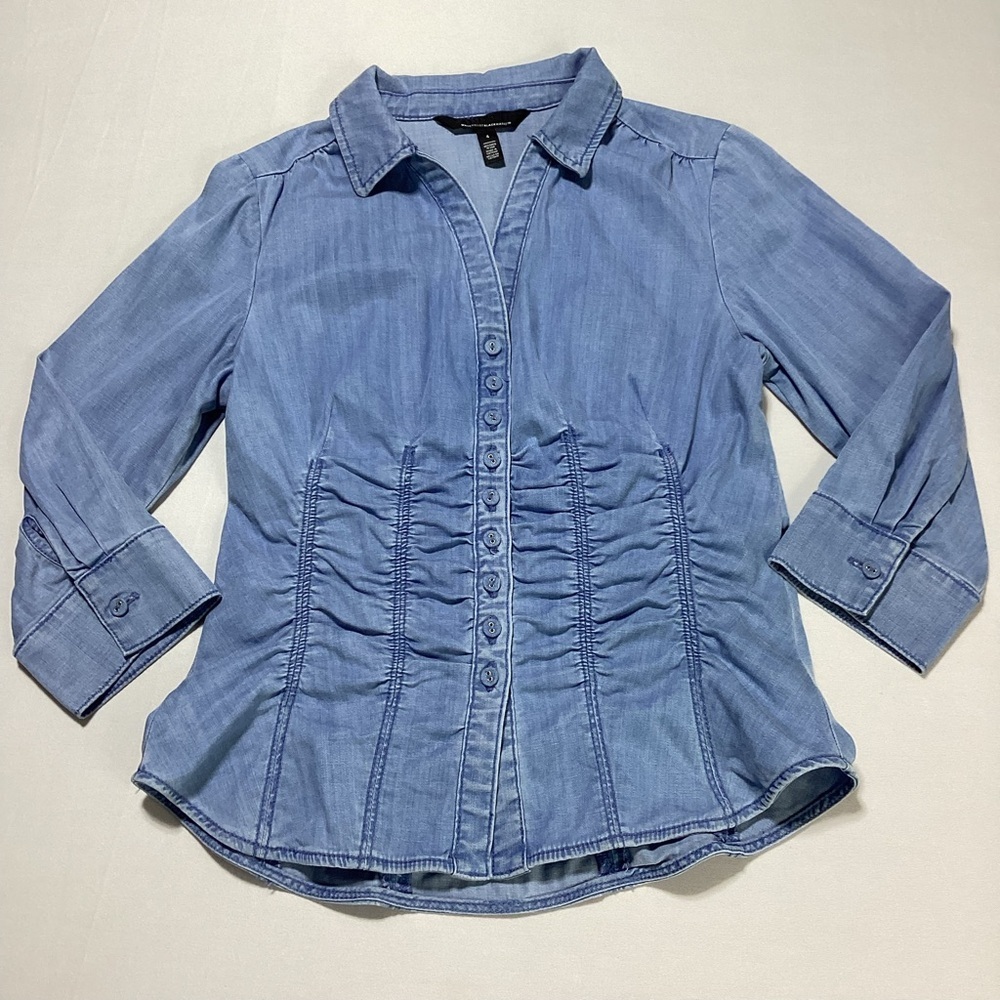 White House Black Market Light Blue Ruched Button-Front Chambray Shirt - Picture 5 of 14